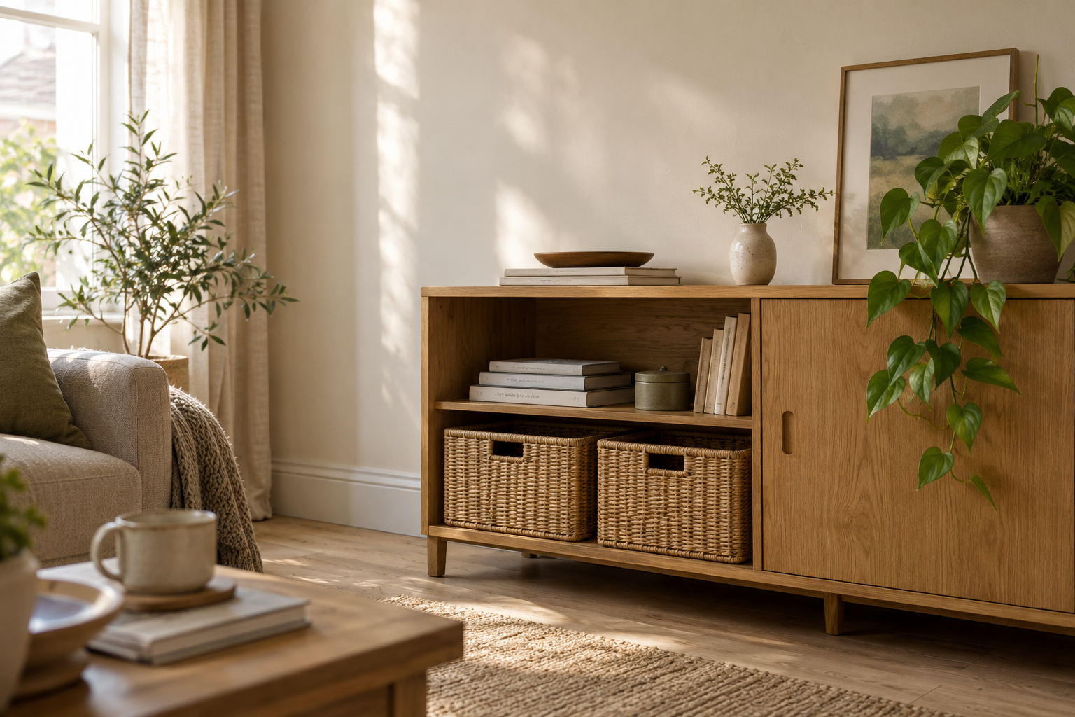 Illustrative oak cabinet with woven baskets and a leafy plant in a sunlit room